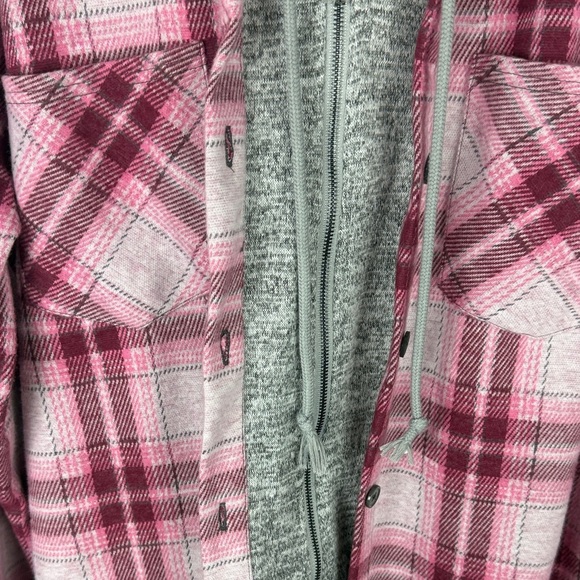No Boundaries Pink & Gray Plaid Hooded Button & Zip Flannel Shirt Size Large - Picture 6 of 15